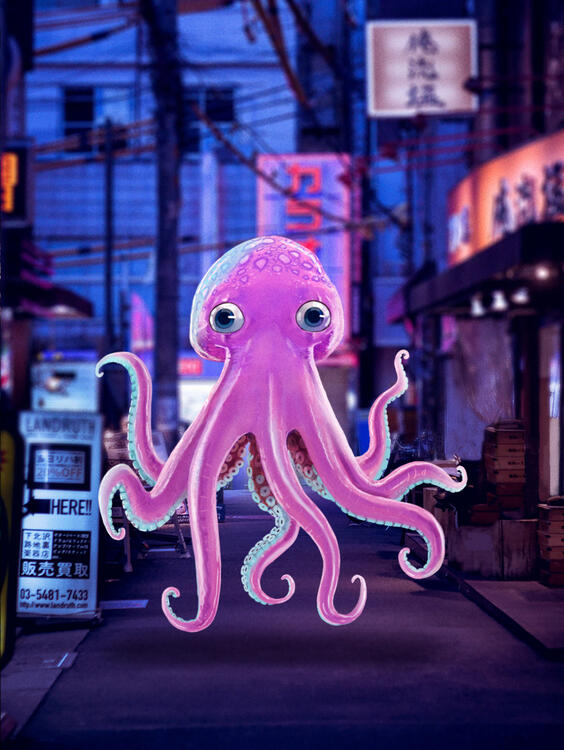 photoshop comp of a squid mascot for a mobile game